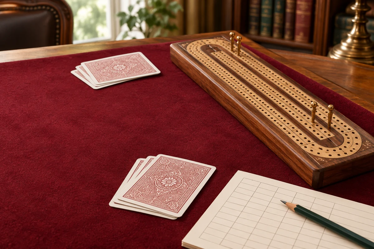 A wooden cribbage board and face-down playing cards on burgundy felt