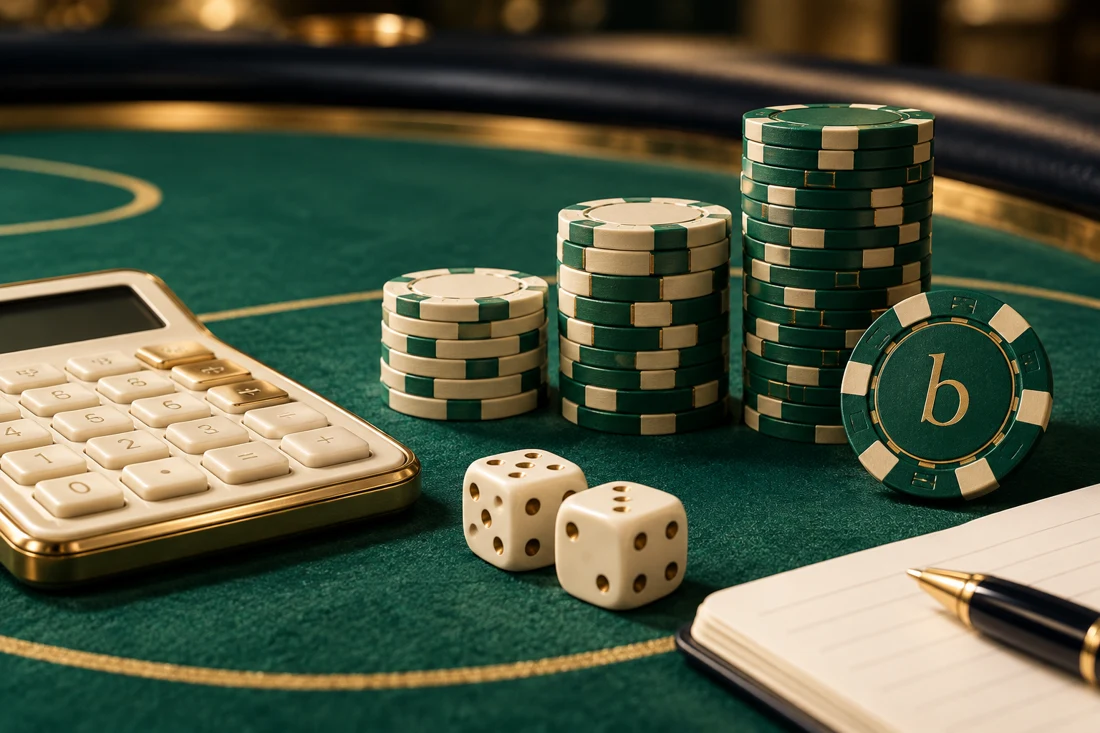 Casino chips arranged as a chart beside a calculator