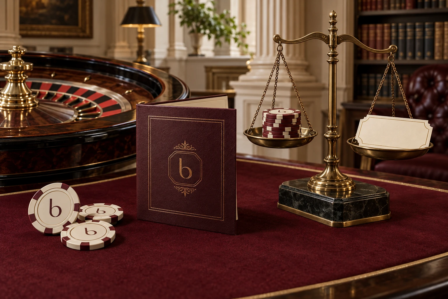 Casino chips, a rules booklet and brass balance on a burgundy gaming table