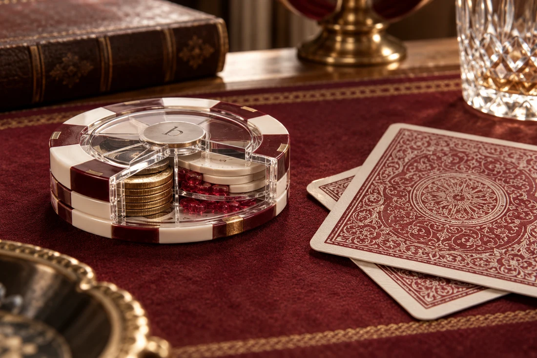 A transparent casino chip revealing separate layers beside face-down cards — UK edition