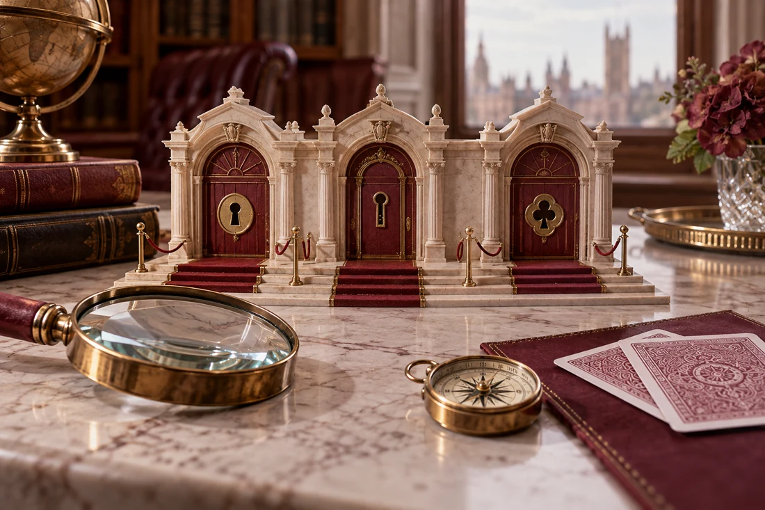 Three model casino gates with distinct keyholes, compass and magnifying glass — UK edition