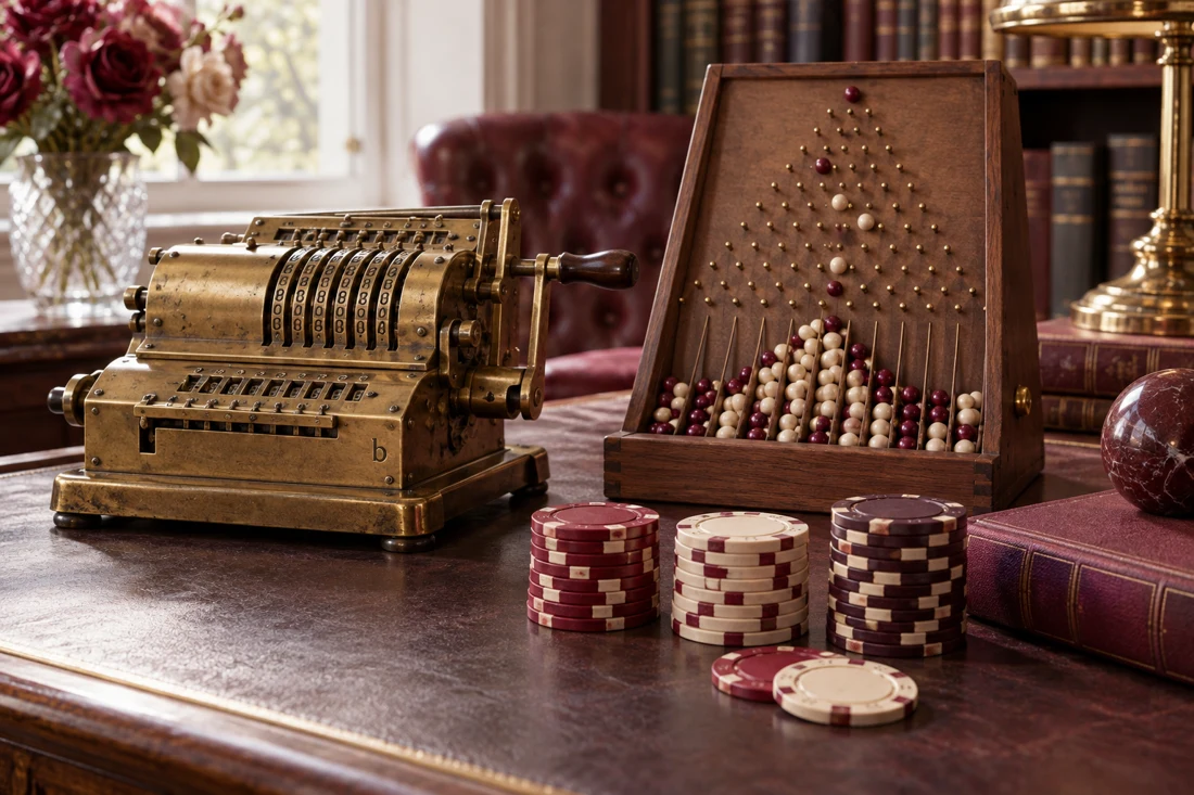 A mechanical calculator, probability bead board and three stacks of casino chips — UK edition