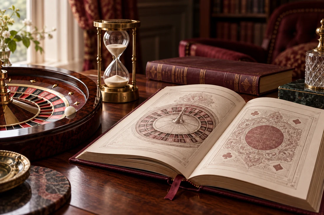 An open casino rulebook beside a roulette ball and brass hourglass — UK edition