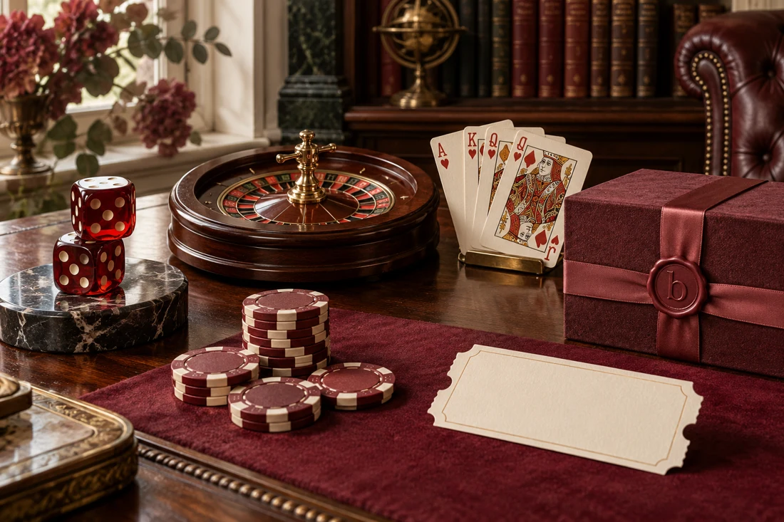 A carefully arranged collection of casino reward objects, cards, dice and chips — UK edition